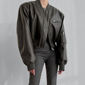 The Frankie Shop GAE FAUX LEATHER CROPPED BOMBER - CHARCOAL